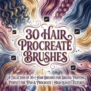 Könnte beinhalten: Ein Bild mit digital gemalten Haartexturen in Braun-, Gold-, Lila- und Blautönen. Der zentrale Text lautet "30 Hair Procreate Brushes", mit zusätzlichem Text, der darauf hinweist, dass die Pinsel für digitales Malen auf iPad und Procreate geeignet sind.