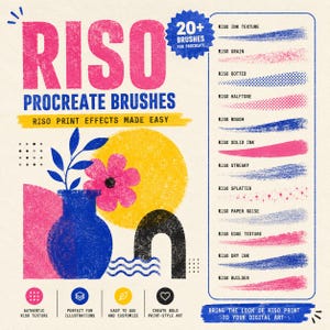 Peut inclure: Un ensemble graphique num&eacute;rique intitul&eacute; RISO PROCREATE BRUSHES comprenant plus de 20 brosses pour Procreate. L'image pr&eacute;sente divers traits de pinceau textur&eacute;s en rose, bleu et jaune, ainsi qu'un vase avec une fleur et des formes abstraites.