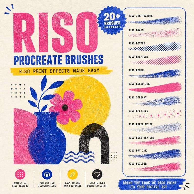Peut inclure: Un ensemble graphique num&eacute;rique intitul&eacute; RISO PROCREATE BRUSHES comprenant plus de 20 brosses pour Procreate. L'image pr&eacute;sente divers traits de pinceau textur&eacute;s en rose, bleu et jaune, ainsi qu'un vase avec une fleur et des formes abstraites.