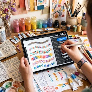 Pode incluir: Um tablet digital exibindo pinceladas de aquarela, com uma pessoa usando uma caneta para criar arte. A tela mostra uma "Biblioteca de Pinc&eacute;is" com designs florais e abstratos. Materiais de arte, incluindo tubos de tinta, potes de pigmento e pinc&eacute;is, cercam o tablet.