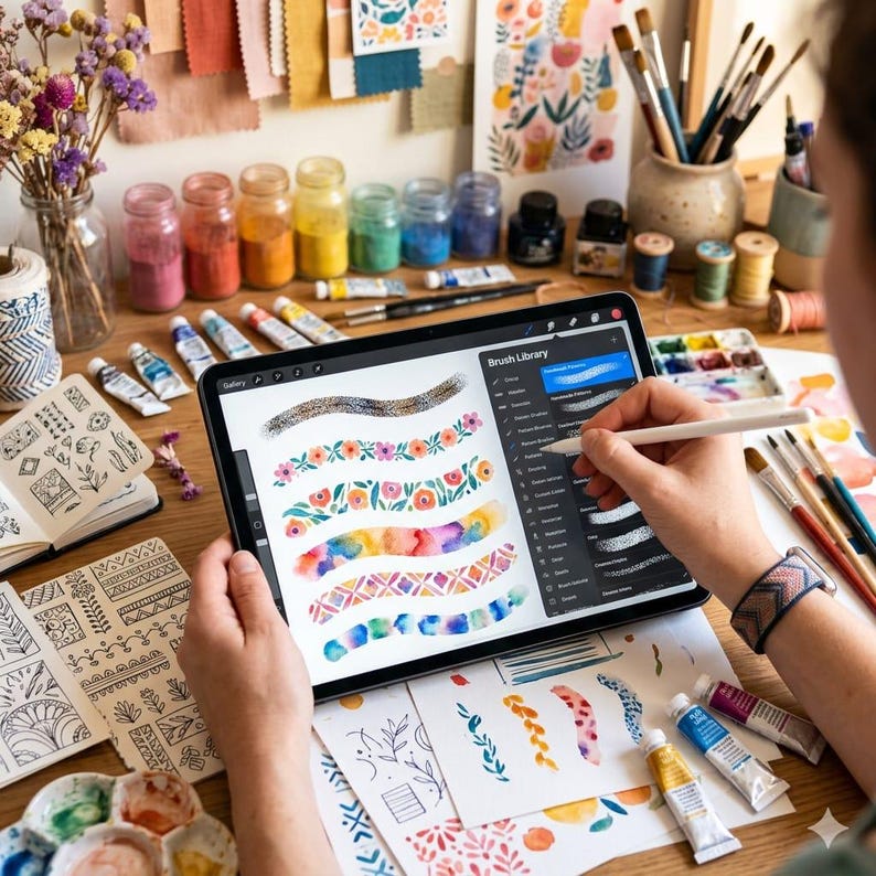 Pode incluir: Um tablet digital exibindo pinceladas de aquarela, com uma pessoa usando uma caneta para criar arte. A tela mostra uma "Biblioteca de Pinc&eacute;is" com designs florais e abstratos. Materiais de arte, incluindo tubos de tinta, potes de pigmento e pinc&eacute;is, cercam o tablet.