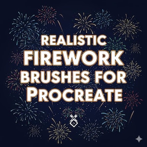May include: A digital art graphic on a dark blue background featuring various colorful fireworks bursts. The text reads "Realistic Firework Brushes for Procreate" in a bold, white font with a gold outline. A small logo is at the bottom.