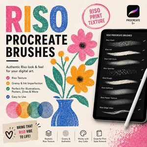 Peut inclure: Un produit num&eacute;rique pour des pinceaux Riso Procreate avec une tablette affichant des exemples de traits. Le graphique inclut le texte Riso Procreate Brushes, une illustration florale dans un vase bleu et des ic&ocirc;nes de texture et de grain.