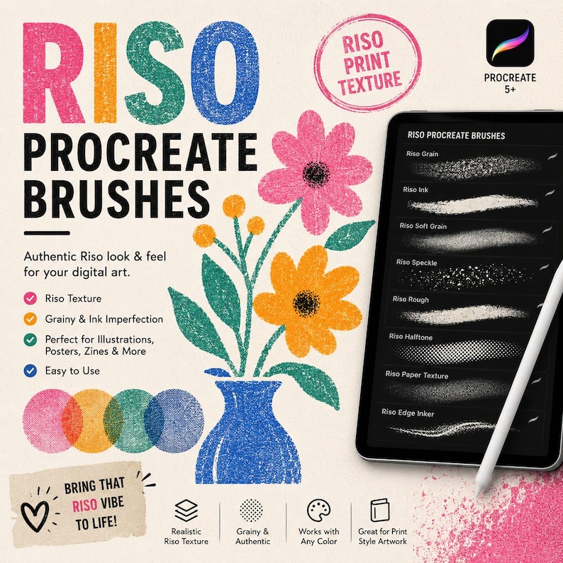 Peut inclure: Un produit num&eacute;rique pour des pinceaux Riso Procreate avec une tablette affichant des exemples de traits. Le graphique inclut le texte Riso Procreate Brushes, une illustration florale dans un vase bleu et des ic&ocirc;nes de texture et de grain.