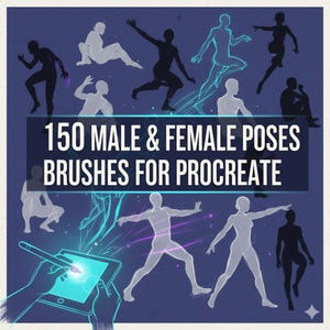 May include: Digital illustration showcasing diverse poses of male and female figures. The image includes the text "150 Male & Female Poses Brushes for Procreate" and a person using a tablet with a stylus.
