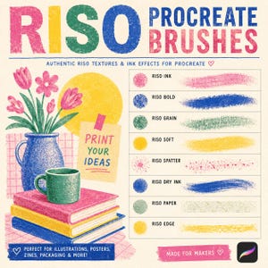 Peut inclure: Un graphique num&eacute;rique pr&eacute;sentant des pinceaux Riso pour Procreate avec une liste de huit types de pinceaux dont Riso Ink, Bold, Grain, Soft, Spatter, Dry Ink, Paper et Edge. L'image montre un vase bleu avec des fleurs roses, une tasse verte et des livres empil&eacute;s.