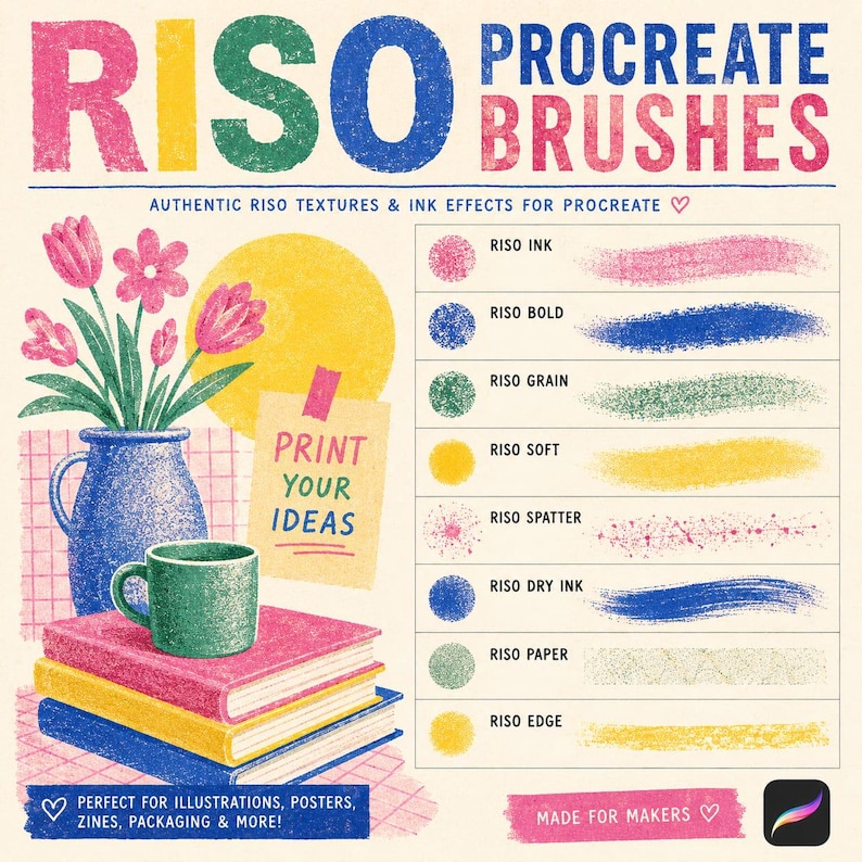 Peut inclure: Un graphique num&eacute;rique pr&eacute;sentant des pinceaux Riso pour Procreate avec une liste de huit types de pinceaux dont Riso Ink, Bold, Grain, Soft, Spatter, Dry Ink, Paper et Edge. L'image montre un vase bleu avec des fleurs roses, une tasse verte et des livres empil&eacute;s.