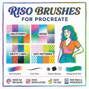 Peut inclure: Un affichage de produit num&eacute;rique intitul&eacute; RISO BRUSHES FOR PROCREATE pr&eacute;sentant quatre grilles d'&eacute;chantillons &eacute;tiquet&eacute;es HALOTONES, NOISE, GRITTY LINES et DOT PATTERNS. Il comprend une illustration stylis&eacute;e d'une personne et des exemples de pinceaux.