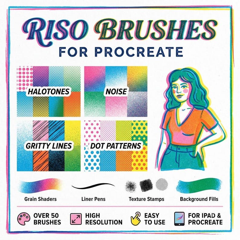 Peut inclure: Un affichage de produit num&eacute;rique intitul&eacute; RISO BRUSHES FOR PROCREATE pr&eacute;sentant quatre grilles d'&eacute;chantillons &eacute;tiquet&eacute;es HALOTONES, NOISE, GRITTY LINES et DOT PATTERNS. Il comprend une illustration stylis&eacute;e d'une personne et des exemples de pinceaux.