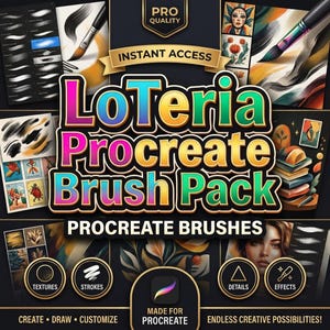 May include: A digital brush set titled LoTeria Procreate Brush Pack featuring a collection of artistic textures, strokes, details, and effects. The display includes colorful illustrations, brush stroke samples, and the text PRO QUALITY, INSTANT ACCESS, and PROCREATE BRUSHES.