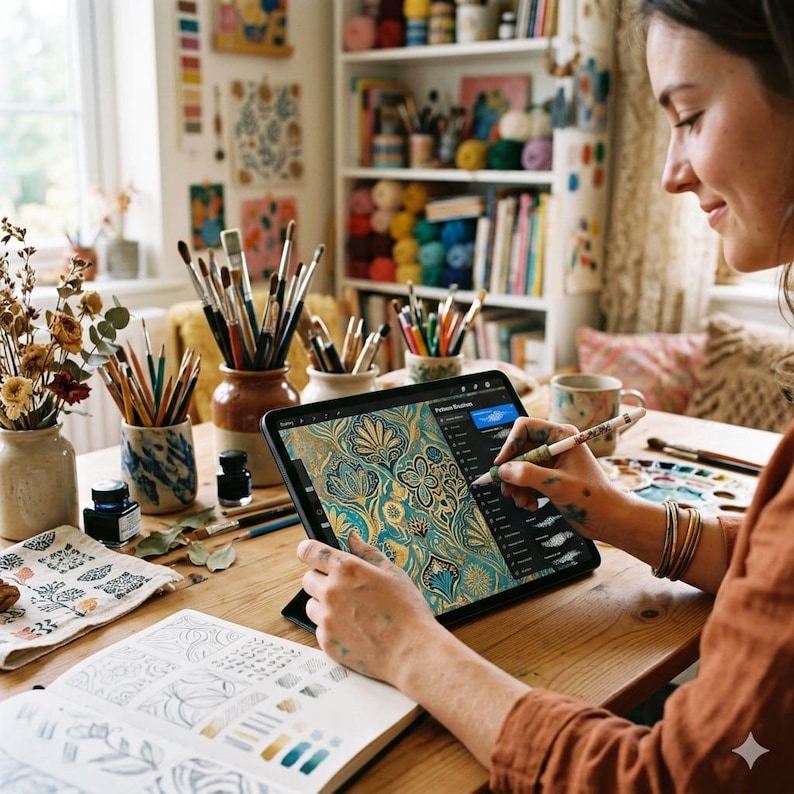 Pode incluir: Uma pessoa usando um tablet digital com uma caneta stylus, criando um design de padr&atilde;o floral. O espa&ccedil;o de trabalho inclui pinc&eacute;is, tinta e um caderno de esbo&ccedil;os. A paleta de cores apresenta azuis, verdes e dourados, sugerindo um tema art&iacute;stico ou focado em design.