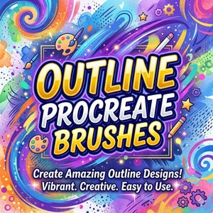 Könnte beinhalten: Farbenfrohe digitale Kunstgrafik mit dem Text "OUTLINE PROCREATE BRUSHES". Das Bild zeigt Pinsel, Bleistifte und Farbpaletten mit dem Slogan "Create Amazing Outline Designs! Vibrant. Creative. Easy to Use."
