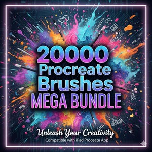 May include: A digital art graphic with the text "20000 Procreate Brushes MEGA BUNDLE" in a vibrant, multi-colored design. The image includes paintbrushes and the phrase "Unleash Your Creativity". Compatible with iPad Procreate App.