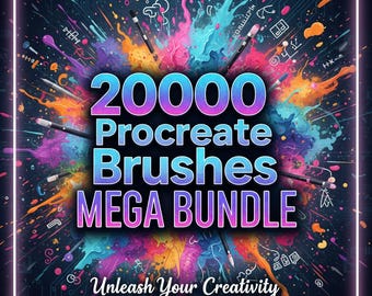 May include: A digital art graphic with the text "20000 Procreate Brushes MEGA BUNDLE" in a vibrant, multi-colored design. The image includes paintbrushes and the phrase "Unleash Your Creativity". Compatible with iPad Procreate App.