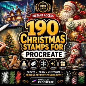 May include: A digital collection of 190 Christmas stamps for Procreate featuring festive imagery including a snowy cabin, Santa Claus, ornaments, and a snowman. The graphic includes text labels for stamps, textures, details, effects, and elements.