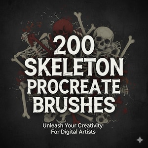Puede incluir: Gráfico de arte digital con un fondo oscuro que presenta esqueletos y huesos. El texto dice "200 SKELETON PROCREATE BRUSHES" en letras blancas grandes. Debajo, dice "Unleash Your Creativity For Digital Artists".