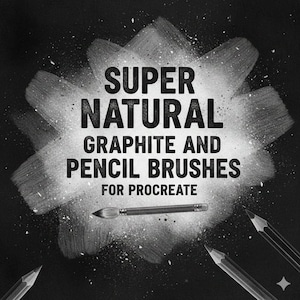 May include: Black and white graphic with the text "SUPER NATURAL GRAPHITE AND PENCIL BRUSHES FOR PROCREATE." A paintbrush and pencils are featured. The background has a textured, smoky effect.