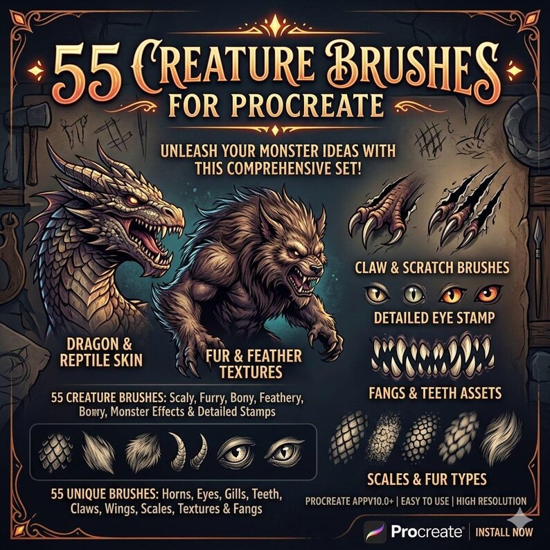 55 Creature Brushes for Procreate, Monster, Dragon, Fantasy Animal ...