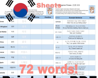 Learn Korean Vocabulary Worksheets, 72 Core Words (Printable PDF)