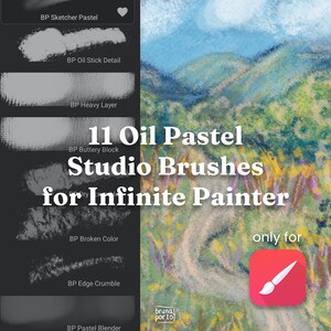 Op de afbeelding: Een digitale interface met 11 Oil Pastel Studio Brushes voor Infinite Painter, met een lijst van penseelnamen zoals BP Sketcher Pastel en BP Oil Stick Detail, naast een landschapsschilderij gemaakt met deze hulpmiddelen.