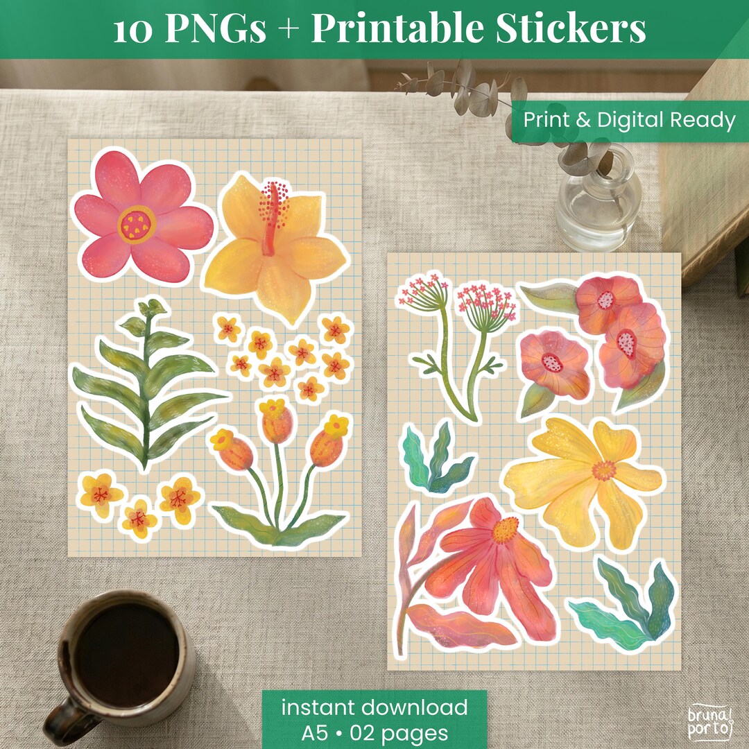 Botanical Flower Stickers PNG: 10 Digital Elements & 2 A5 Sheets - Etsy
