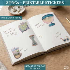 May include: An open notebook featuring various illustrated stickers including a moth, a desk lamp, an hourglass, a teacup with a tree, and glasses. Handwritten text accompanies the stickers, with the page headers 8 PNGs + PRINTABLE STICKERS and INSTANT DOWNLOAD A4 1 PAGE.