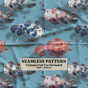 May include: A seamless pattern featuring stylized koi fish in shades of white, blue, and orange on a light blue background with small bubbles. A central text box reads SEAMLESS PATTERN Commercial Use Included 3600 x 3600 px and bruna porto.