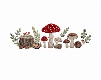 Woodland Mushroom Embroidery Design, Cottagecore Nature Border (Digital File)
