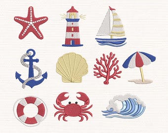 Nautische Stickdatei, Strand Sommer Stickdateien Set (Digitaler Download)