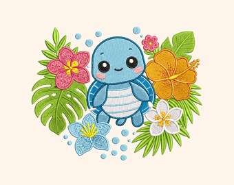 Turtle Embroidery Design, Tropical Floral Machine File (Instant Download)