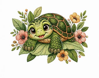 Motif de broderie florale tortue, décoration de chambre de bébé animal (fichier numérique)