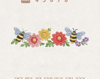 Biene Floral Stickmuster, Hummel Blumen Bordüre, Frühlingsgarten Maschinendatei (Digitaler Download)