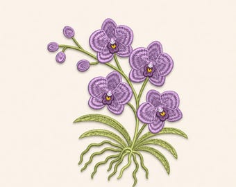 Lila Orchidee Stickdatei, elegantes florales Stickmuster (5 Größen)