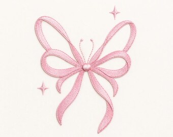 Pink Bow Embroidery Design, Elegant Feminine Line Art Stitch (Digital Download)