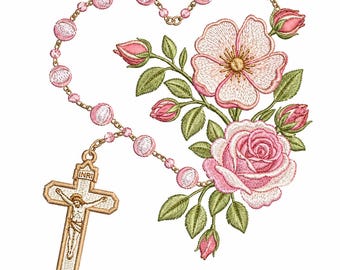 Floral Rosenkranz Kreuz Stickdatei, religiöse Blumen Kunst (Instant Download)