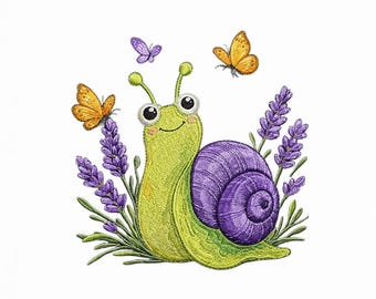 Snail Lavender Embroidery Design, Butterfly Garden Floral Pattern (Digital Download)
