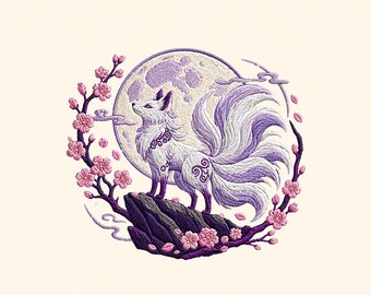 Motif de broderie renard kitsune, art japonais lune sakura (téléchargement numérique)