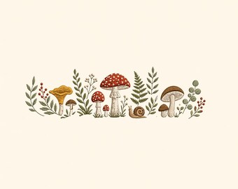 Motif de broderie champignon, scène de champignons des bois, motif nature forêt (téléchargement numérique)