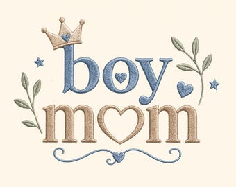 Motif de broderie garçon maman, couronne, coeurs, feuilles (téléchargement numérique)