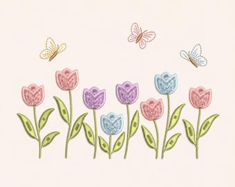 Tulip Butterfly Embroidery Design: Spring Floral Machine File (5 Sizes)