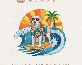 Surfing Dog Embroidery Design, Summer Beach Golden Retriever Pattern (Digital Download)