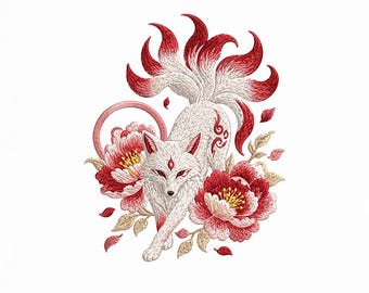 Motif de broderie kitsune, renard japonais pivoine, animal fantastique (fichier numérique)