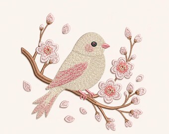 Bird Embroidery Design: Floral Branch, Spring Flower Machine File (5 Sizes)