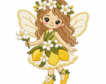 Zitronen Fee Stickdatei, florale Sommergarten Illustration (Instant Download)