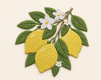 Stickdatei mit Zitronenzweig, Zitrusfrucht mit Blüte, Küchendeko zum Dekorieren (5 Größen)