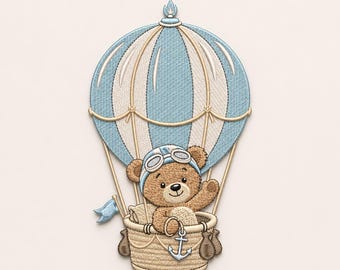 Teddy Bär Pilot Heißluftballon Stickdatei, Baby Kinderzimmer Abenteuer Stickdatei (Digitaler Download)
