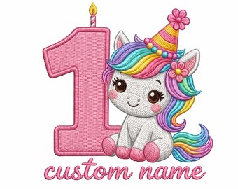 Einhorn Stickmuster, 1st Birthday Girl Stickdatei, Stickdatei zum 100% Geburtstag.