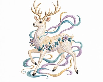 Motif de broderie cerf élégant, cerf floral fantaisie, décoration bohème (téléchargement numérique)