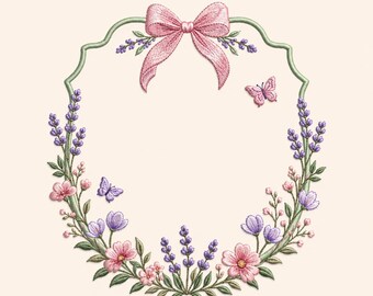 Floral Lavender Wreath Embroidery Design, Vintage Monogram Border (5 Sizes)