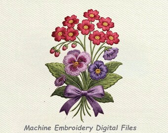 February Birth Flower Embroidery Design, Primrose Floral Bouquet (Digital Download)